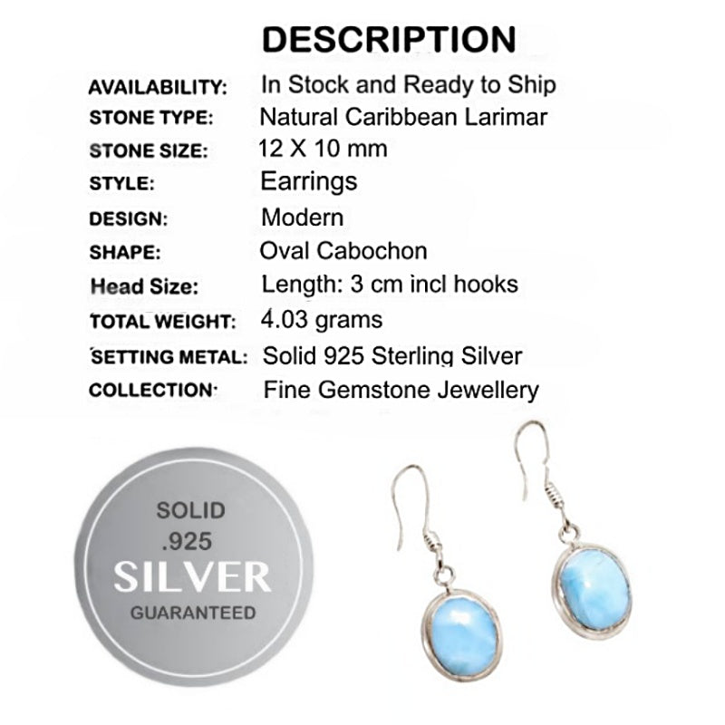 Natural Caribbean Larimar Solid .925 Sterling Silver Earrings