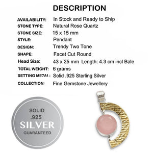 Two Tone Natural Rose Quartz Solid.925 Sterling Silver Pendant