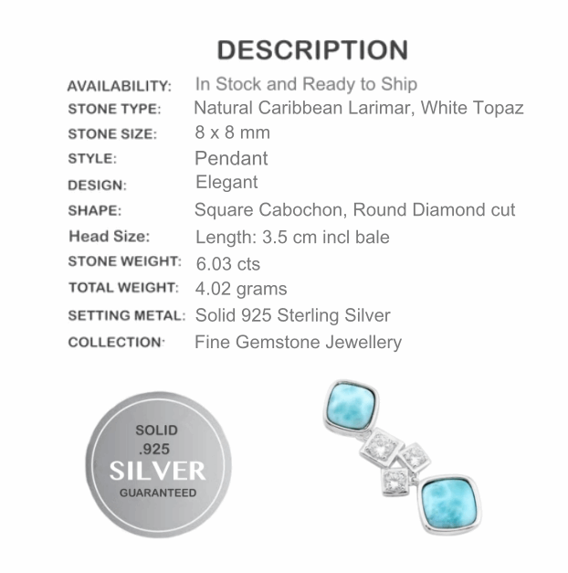 Exquisite Natural Caribbean Larimar, White Topaz Solid .925 Sterling Silver Pendant - BELLADONNA