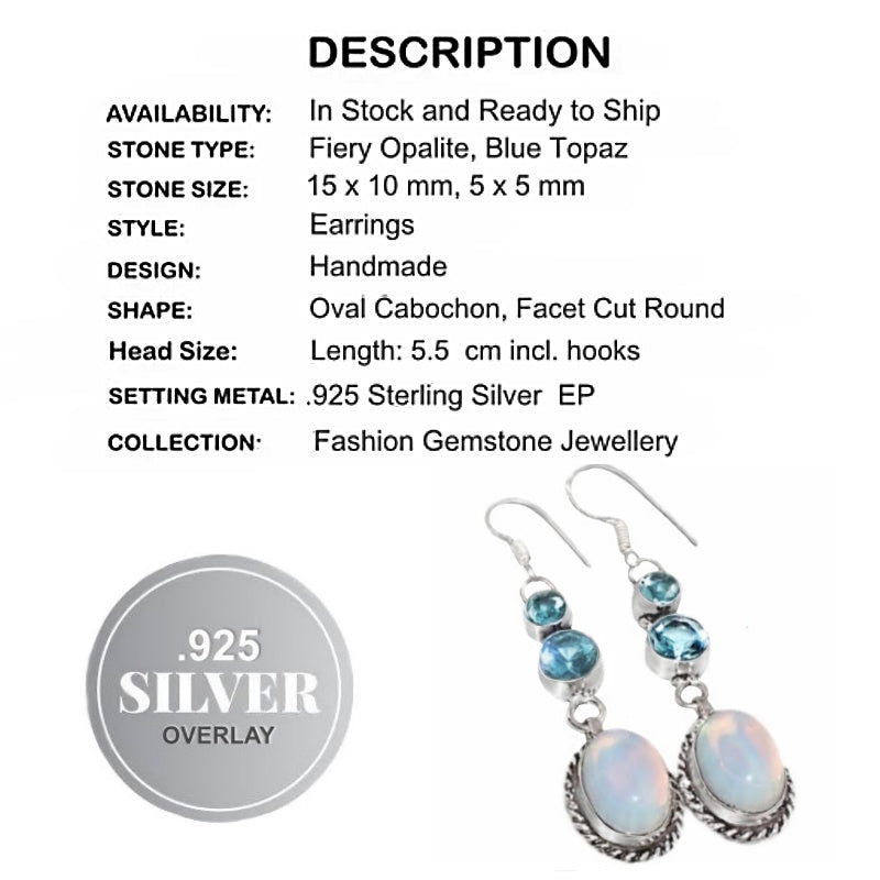 Exquisite Opalite Oval and Blue Topaz Gemstone .925 Sterling Silver Earrings