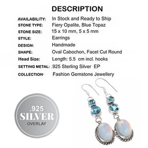 Exquisite Opalite Oval and Blue Topaz Gemstone .925 Sterling Silver Earrings