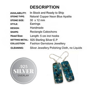 Rectangle Copper Neon Blue Apatite Gemstone .925 Silver Earrings