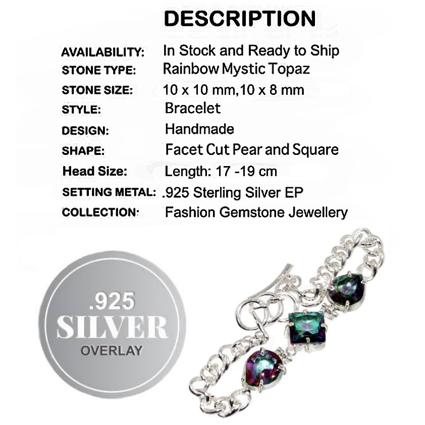 Handmade Mixed Shapes Rainbow Mystic Topaz Gemstone .925 Sterling Silver Bracelet