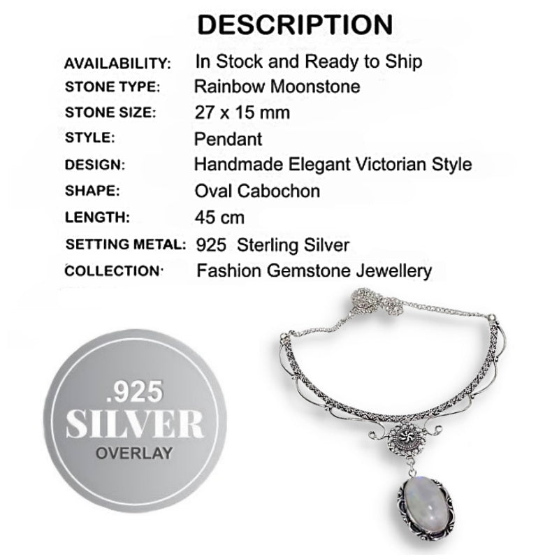 Victorian Style Natural Rainbow Moonstone Gemstone .925 Silver Necklace