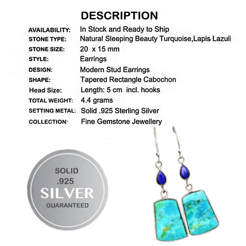 Natural Sleeping Beauty Turquoise, Lapis Lazuli Gemstone .925 Sterling Silver Earrings