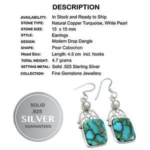 Indonesian Bali - Java Natural Copper Turquoise, White Pearl Gemstone .925 Sterling Silver Earrings