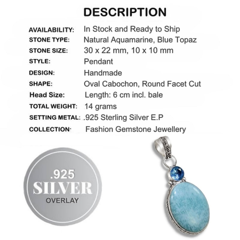 Handmade Natural Aquamarine, Blue Topaz Gemstone 925 Sterling Silver Pendant