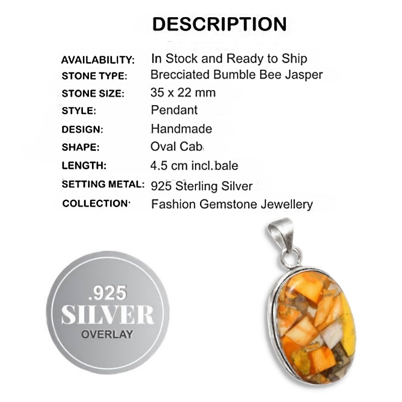 Natural Brecciated Bumble Bee Jasper .925 Sterling Silver Pendant