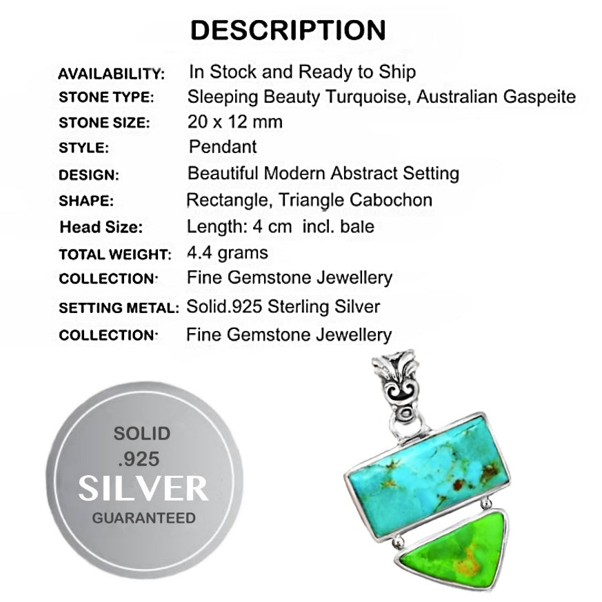 Natural Sleeping Beauty Turquoise, Australian Gaspeite Solid .925 Sterling Silver Pendant