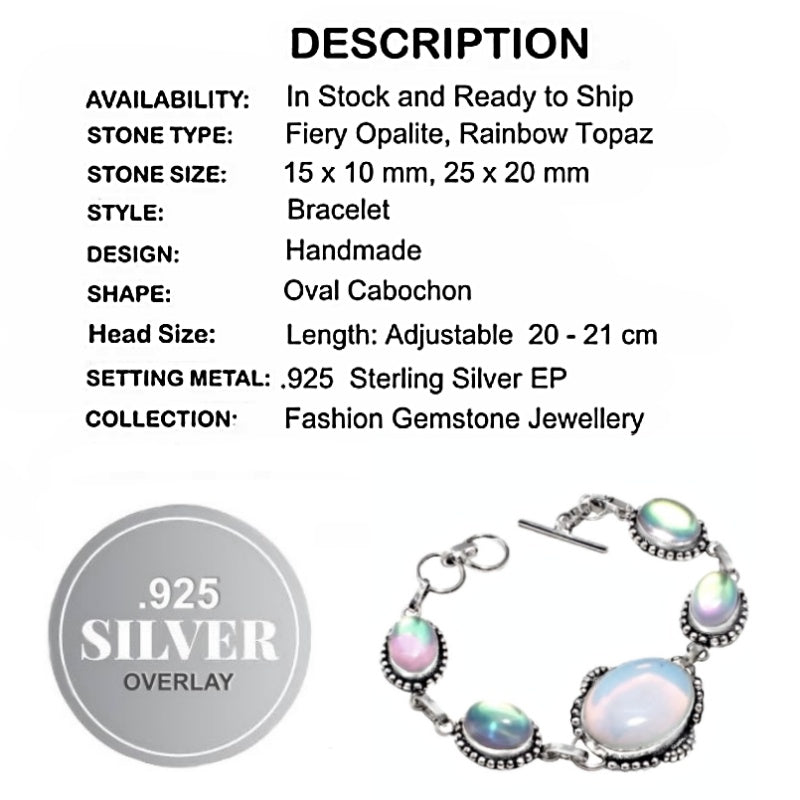 Handmade Opalite, Rainbow Fire Topaz .925 Silver Bracelet