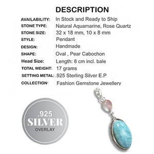 Handmade Natural Aquamarine, Rose Quartz Gemstone .925 Sterling Silver Pendant