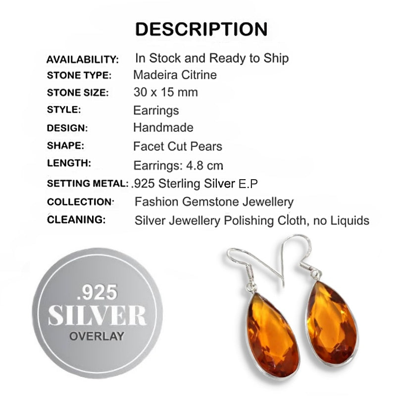 Handmade Madeira Citrine Gemstone Pear Shape .925 Silver Earrings