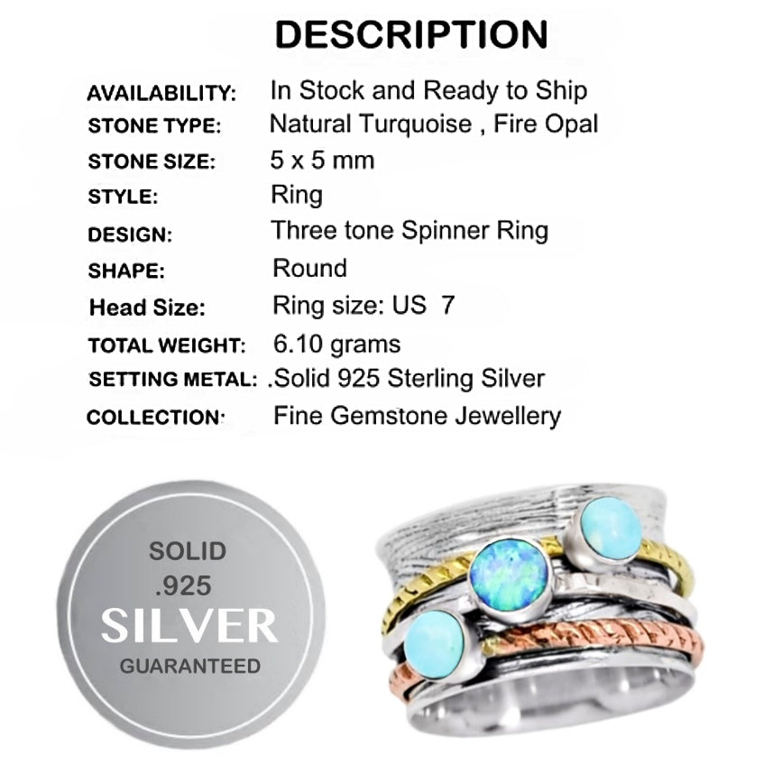 Victorian Three Tone Natural Sleeping Beauty Turquoise, Fire Opal Gemstone Solid .925 Silver Spinner Ring Size 7/o