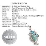 Handmade Natural Aquamarine, Blue Quartz Gemstone 925 Sterling Silver Pendant