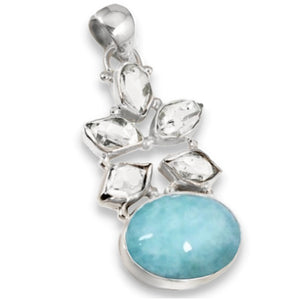 Natural Aquamarine, Herkimer Diamond Gemstone Solid .925 Sterling Silver Pendant