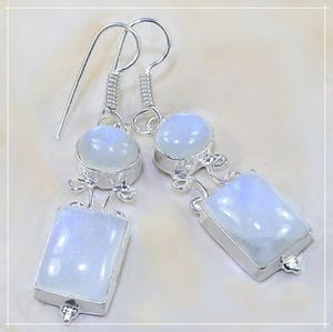 Natural Rainbow Moonstone Mixed Shapes Gemstone 925 Sterling Silver Earrings