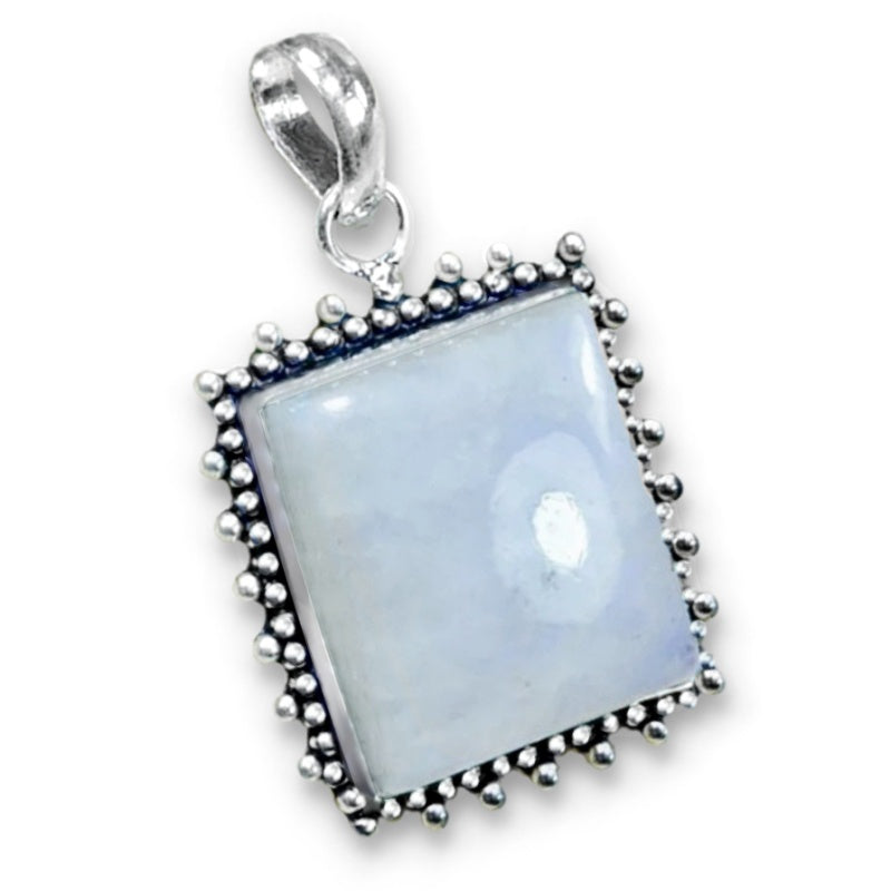 Natural Rainbow Moonstone Square Gemstone .925 Silver Pendant