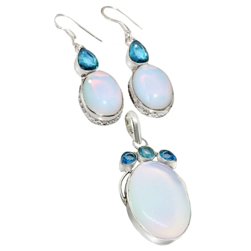 Handmade Fiery Opalite, Blue Topaz .925 Silver Pendant And Earrings Set