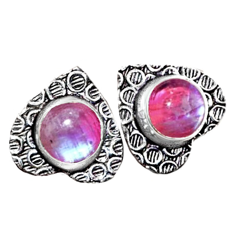 Heart Shape Pink Rainbow Moonstone Silver Plated Stud Earrings