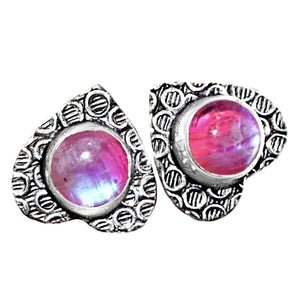 Heart Shape Pink Rainbow Moonstone Silver Plated Stud Earrings