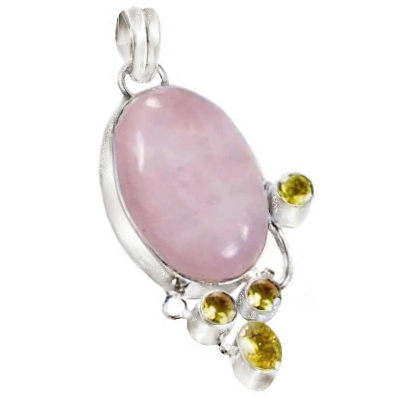 Natural Pink Rose Quartz Oval, Citrine Gemstone .925 Sterling Silver Pendant