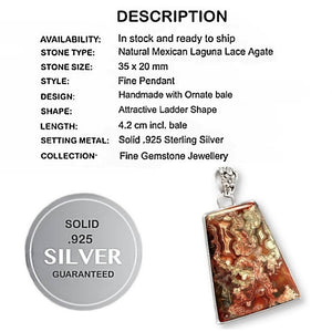 Natural Mexican Laguna Lace Agate Gemstone set in Solid .925 Sterling Silver Pendant