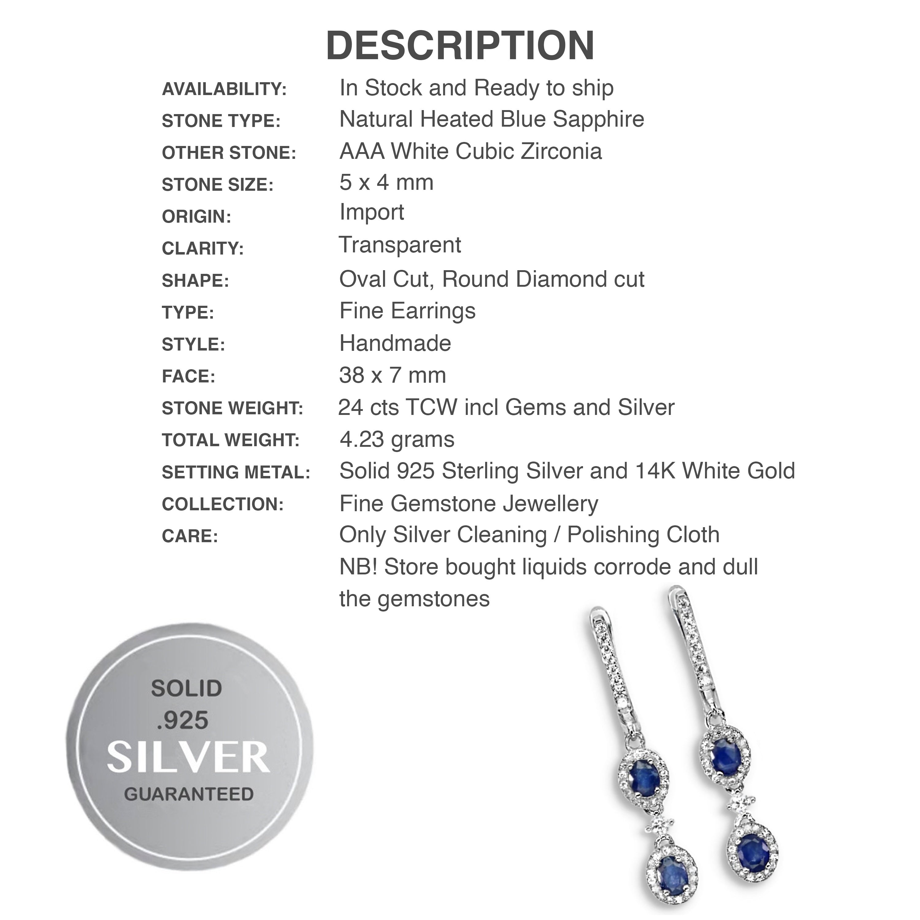 Genuine Blue Sapphire, White Cubic Zirconia Solid .925 Sterling Silver Stud Earrings