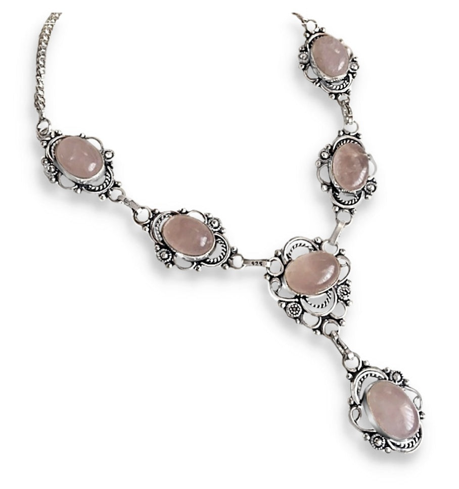 Feminine Pink Rose Quartz Necklace .925 Sterling Silver