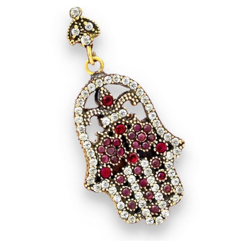 Two Tone Hamsa (Hand of God) Turkish Ruby and White Topaz Solid .925 Sterling Silver Pendant