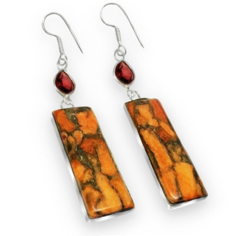 Natural Arizona Red Copper Turquoise and Garnet Earrings in Solid .925 Sterling Silver