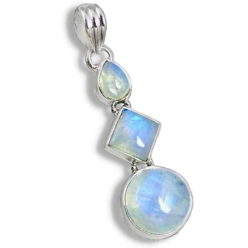 Eye-Catching Natural Rainbow Moonstone Multi Shapes Gemstone Solid .925 Sterling Silver Pendant