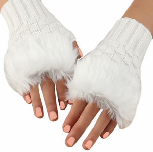 Glamorous & Practical Half Finger Knitted Gloves With Faux Fur Finish - BELLADONNA