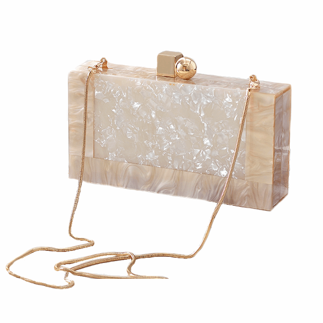 Women's Elegant Mottled Off White Acrylic Clutch Handbag with Shoulder Chain - BELLADONNA