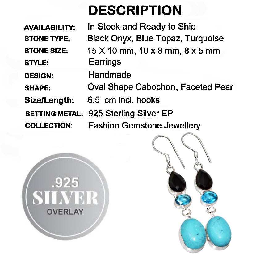 Handmade Black Onyx, Blue Topaz, Turquoise Gemstone .925 Sterling Silver Earrings