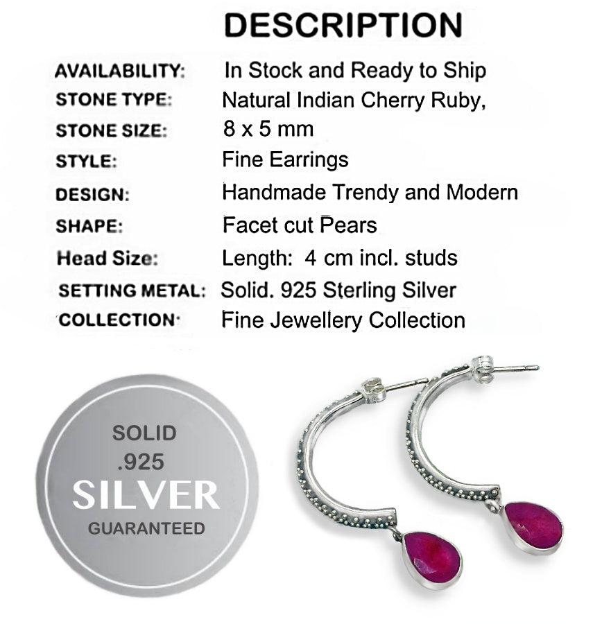 Natural Cherry Ruby Pear Shape Gemstones Set in Solid .925 Sterling Silver Earrings