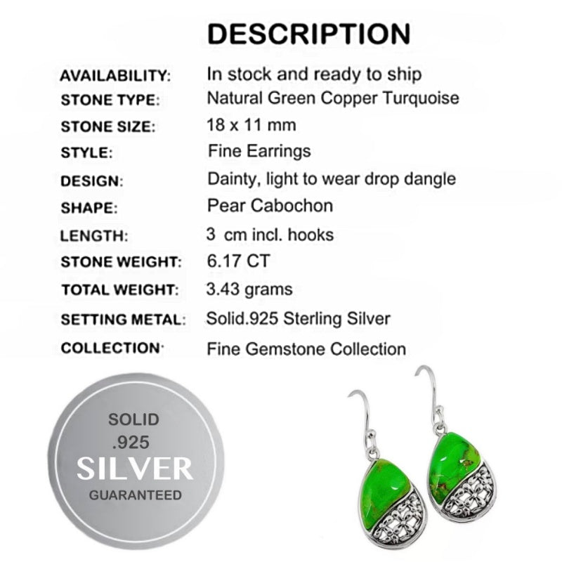 6.14 ct Natural Arizona Copper Green Turquoise Earrings Solid .925 Sterling Silver