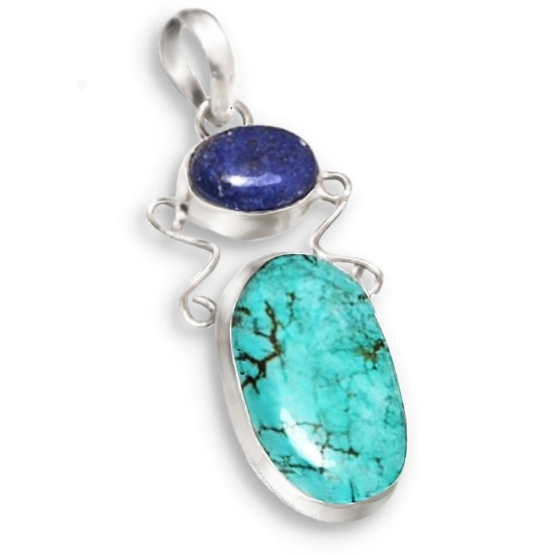 Natural Spiderweb Turquoise, Lapis Lazuli Gemstone 925 Silver Pendant