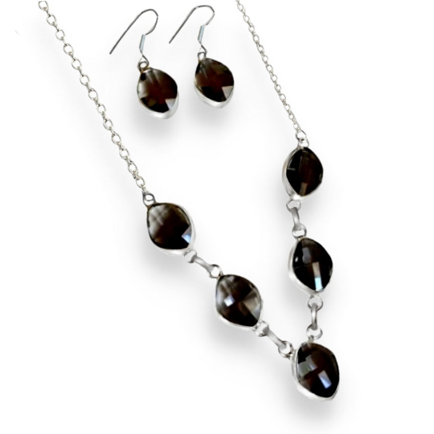 Faceted Black Spinel Gemstone .925 Silver Necklace And Earrings Set