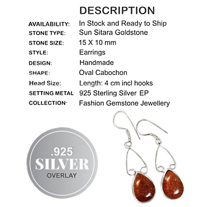Shimmery Goldstone Sun Sitara set in .925 Sterling Silver Earrings