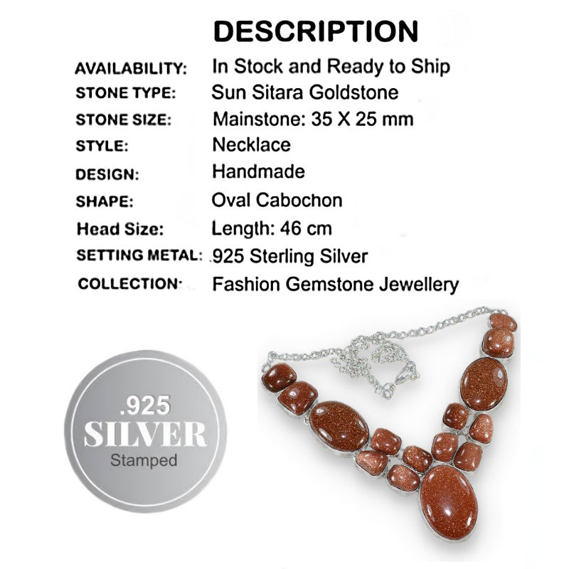 Captivating Mixed Shapes Goldstone Sun Sitara set in .925 Sterling Silver Necklace