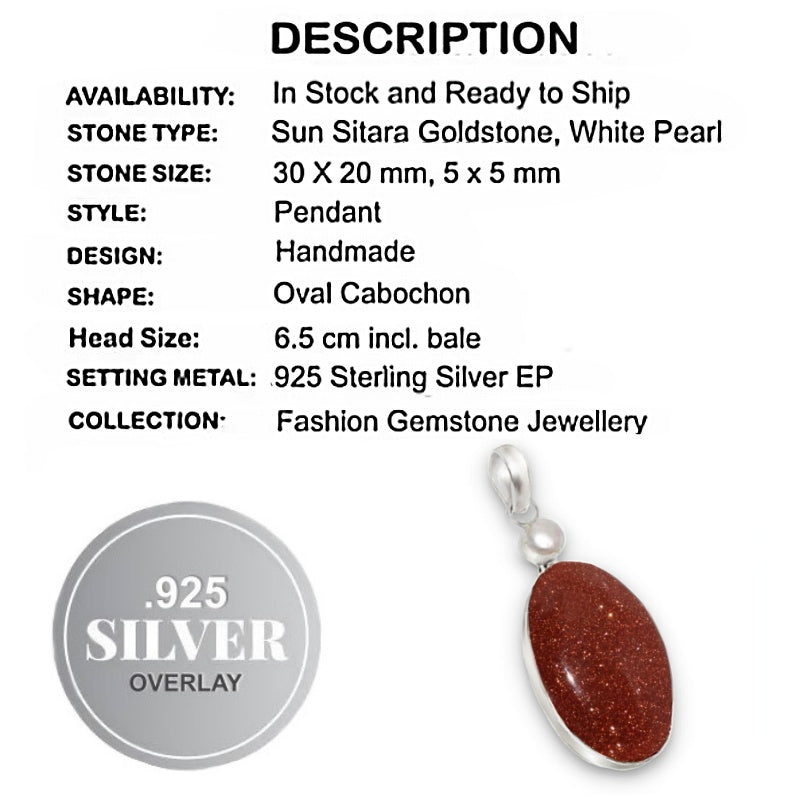 Shimmery Goldstone Sun Sitara, Pearl set in .925 Sterling Silver Pendant