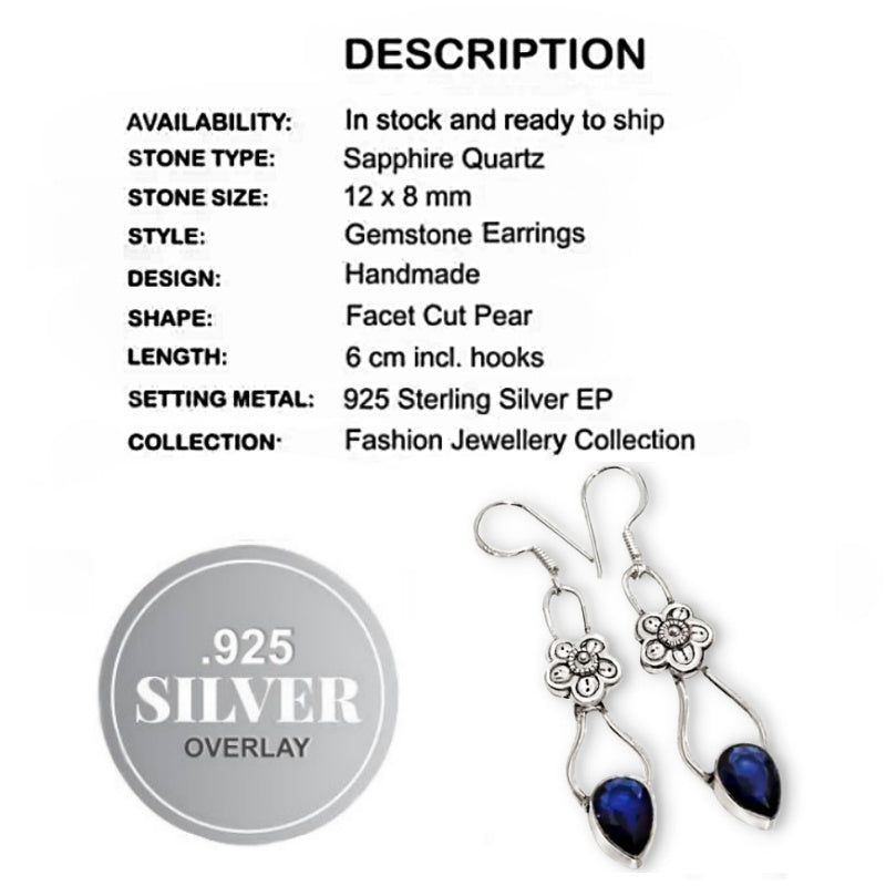 Trendy Sapphire Quartz Pears .925 Silver Earrings