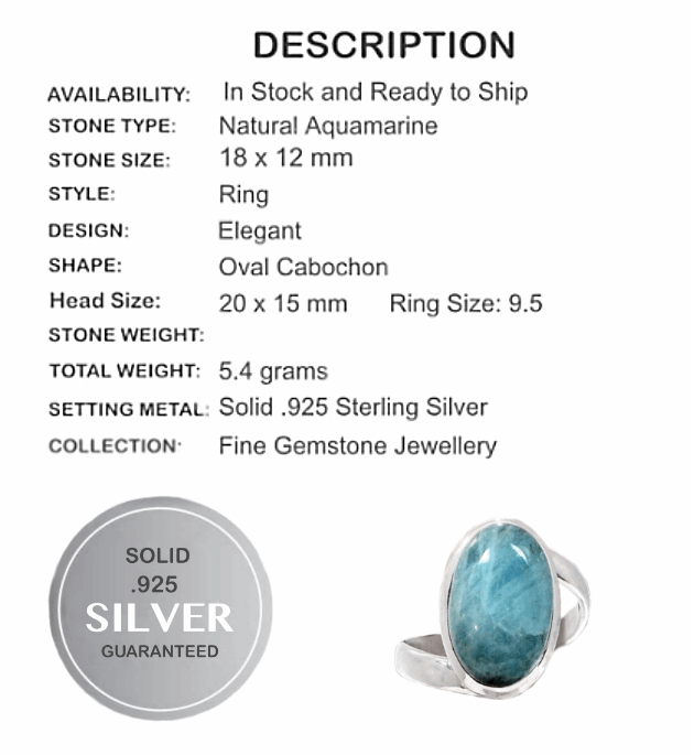 Natural Unheated Aquamarine Oval Gemstone Solid .925 S/ Silver Ring Size 9.5 - BELLADONNA