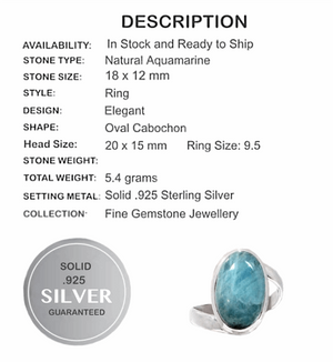 Natural Unheated Aquamarine Oval Gemstone Solid .925 S/ Silver Ring Size 9.5 - BELLADONNA