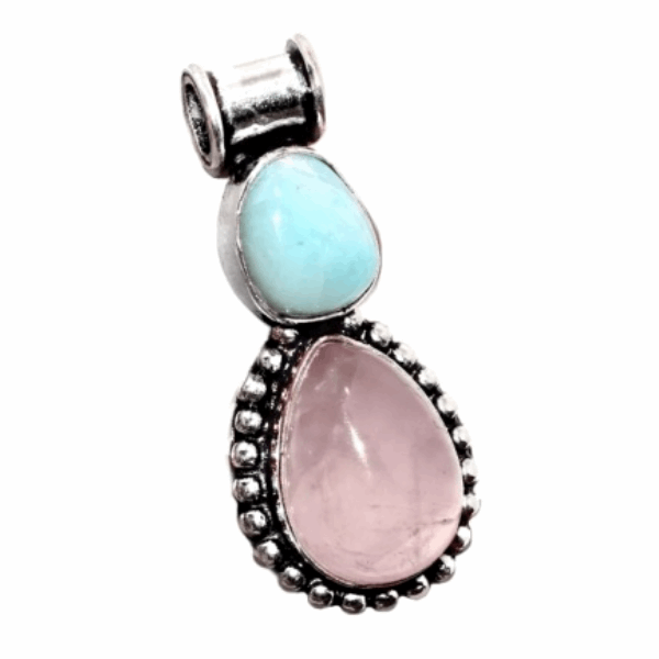 Dainty Natural Caribbean Larimar, Rose Quartz  .925 Sterling Silver Pendant - BELLADONNA