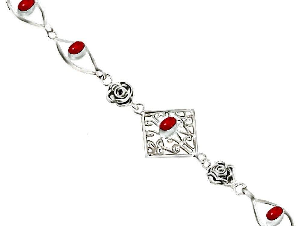 Dainty Red Coral Gemstone .925 Silver Plated Bracelet