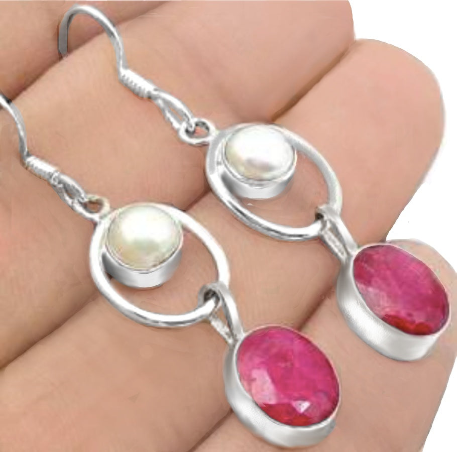 Natural Indian Ruby, Pearl Gemstone Solid .925 Sterling Silver Earrings