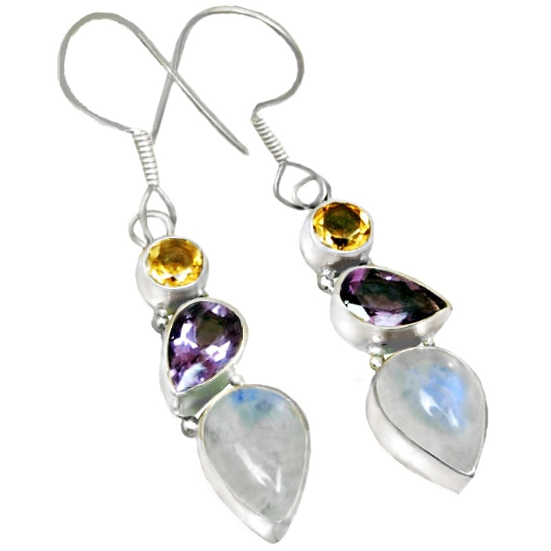 Natural Rainbow Moonstone Purple Amethyst Citrine Solid .925 Sterling Silver Earrings