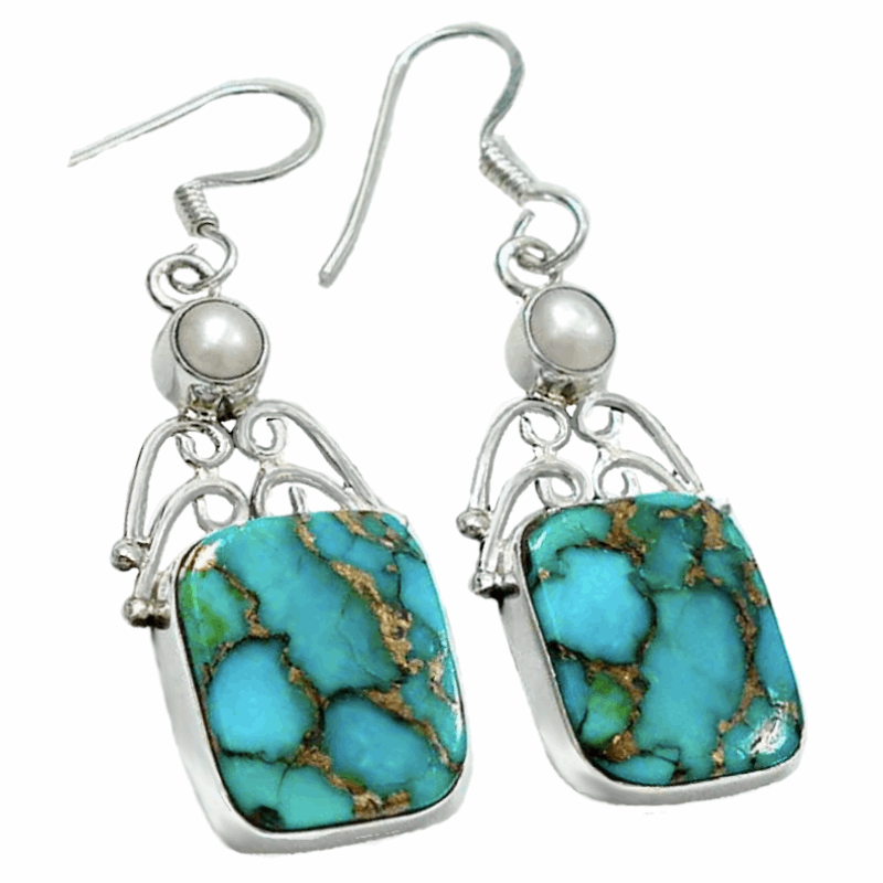 Indonesian Bali - Java Natural Copper Turquoise, White Pearl Gemstone .925 Sterling Silver Earrings