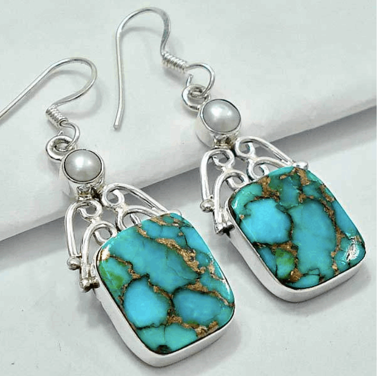 Indonesian Bali - Java Natural Copper Turquoise, White Pearl Gemstone .925 Sterling Silver Earrings - BELLADONNA